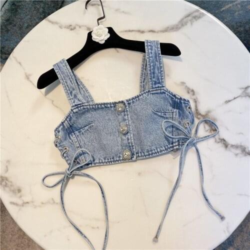 Women Denim Tank Top 2020 Summer New European Fashion Small Shirt Strap Waist Rhinestone Buckle Short Denim Top Seaside Blusas