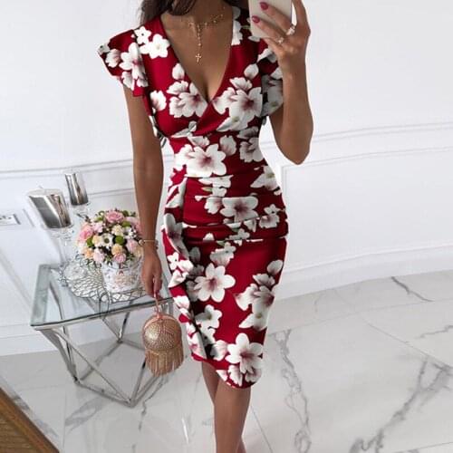 Sexy V Neck Ruffle Summer Women Dress Vintage Print Slim Fit Bodycon Party Dress Office Lady Midi Dress -40