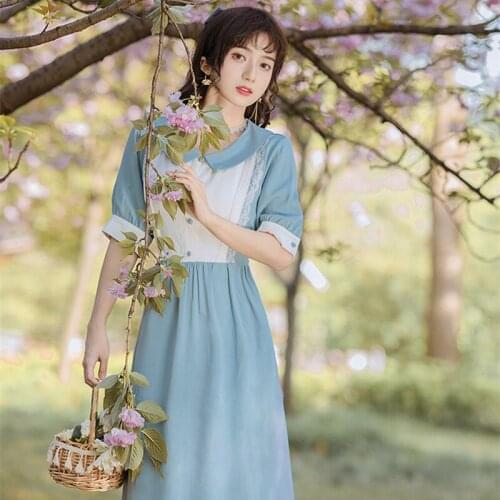 Blue Gentle Cute Dress Women 2021 New French Retro Lace Doll Collar Sweet and Cute Kawaii Dress Lolita Summer Short Sleeve