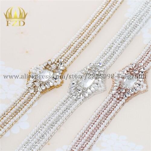 10 pieces )Handmade Hot fix Sew on pearl clear Rhinestone trim appliques Decorative Trim For Bridal Dress Sash or wedding dress