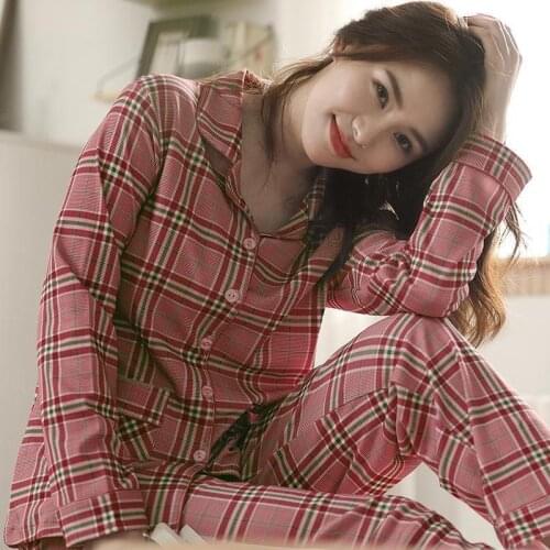 100% Cotton Sleepwear Womens Pajamas sets Female Striped lattice women pyjamas Lounge Clothes Long Sleeve Girls Homewear