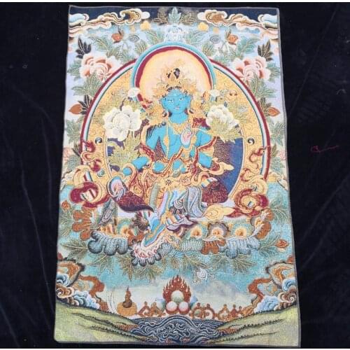 35" Thangka embroidery Tibetan Buddhism silk embroidery brocade Green Tara Guanyin Bodhisattva Holding lotus in hand Thangkas