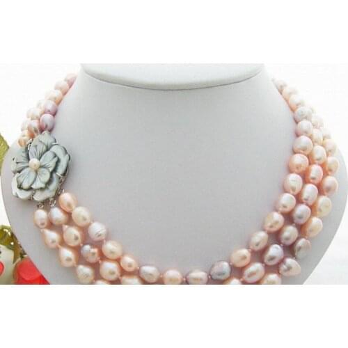Free shipping 3Strds Multi Color Baroque Pearl Necklace-Cameo Clasp