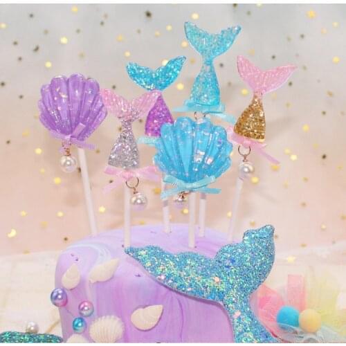 Glittering Mermaid Cake Topper Kawaii Acrylic Shells Baby Shower Kids Party Ocean Ice Cream Theme Happy Birthday Party Supplies