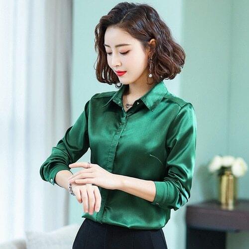 TingYiLi Green Pink Satin Blouse Spring Summer Women Blouse Shirts Korean Elegant Office Ladies Long Sleeve Tops