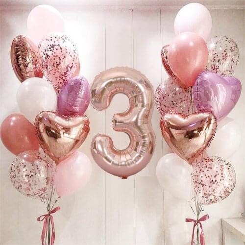 21pcs/set Kids Rose Gold Pink Birthday Balloons Set 32inch Number Globos Baby Shower Anniversary Party Decor Confetti Balloon