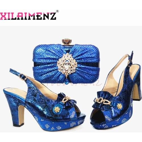 Elegant Women Shoes Matching Bag in Blue Color High Quality Shoes and Bag Set with Platform with Shining Crystal for Garden Part