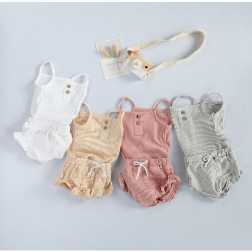 2PCS Summer Newborn Kid Baby Girls Clothes Sets 8 Colors Solid Knitted Crop Tops + Shorts Outfits 0-24M