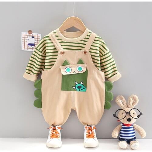Baby Boy Suit 2021 Spring Autumn Striped Pullover Sweater Cartoon Suspender Trousers 2Pcs Cotton Suit for Toddlers Girls Clothes