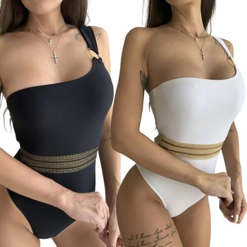 Woman Sexy Romper Swimsuit Single Shoulder Splicing Sleeveless Backless Elastic Slim Bikini Wire Free High Waist Bodysuit