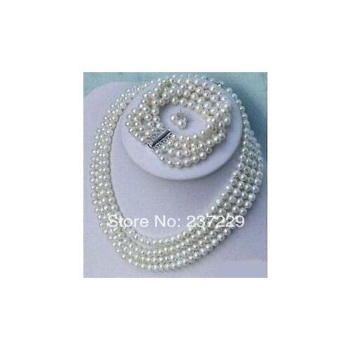 Hot sell Noble- Wholesale price FREE SHIPPING a4 Rows 6-7mm akoya white pearl Bracelet Necklace earring sets (A0423)