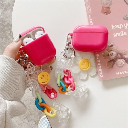 Cute Silicone Earphone Case For Apple AirPods 1 2 Pro Soft Protective Cover Accessories with Smile Sun Flower Keychain Bracelet