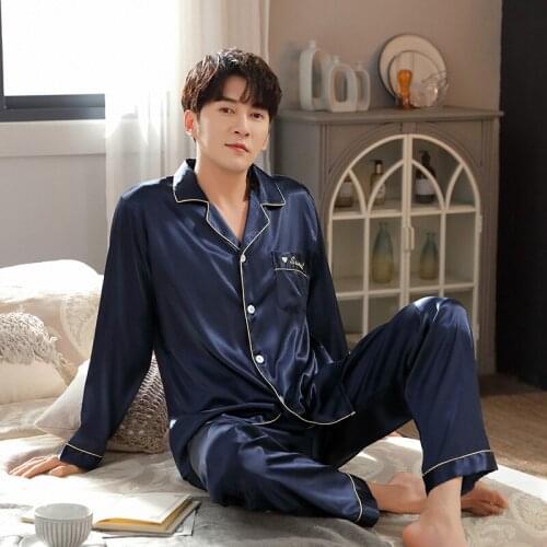 Mens 2PCS Ice Silk Pajamas Suit Spring Autumn Loose Nightwear Turn-down Collar Home Wear With Pocket Sleepwear L-XXL Pyjama