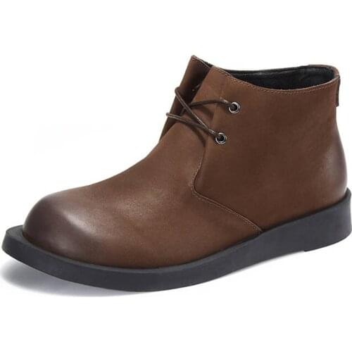 Retro Punk Style Winter New Fashion Warm Shoes Mens Genuine Leather Cow Round Toe Lace Up Ankle Boots Male Boots Flat Fur Lining