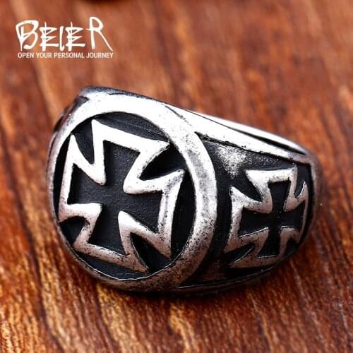 Beier 316L Stainless Steel Antique silver Fashion Males three Cross For Boy High Quality fashion wholesale ring jewelry LR485