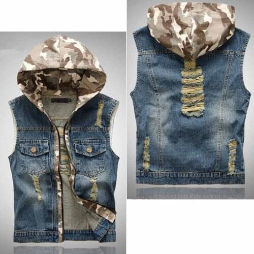 Fashion Mens Hooded Denim Vest Camouflage Caps Ripped Waistcoat Sleeveless Jacket Cowboy Casual Slim Vest Coat Man Clothes