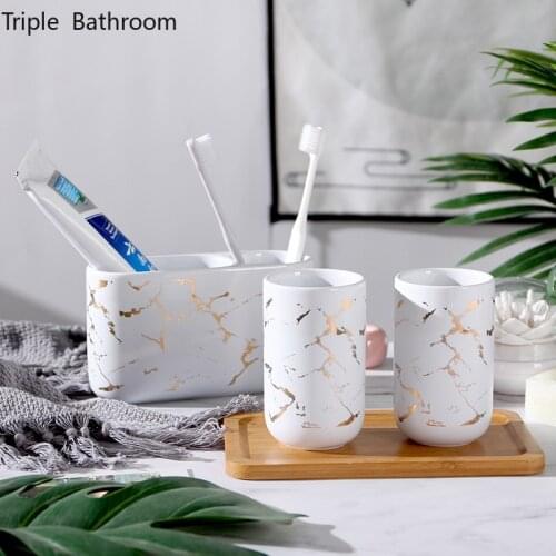 Four-piece Suit Creative Pattern Ceramic Bathroom Accessories Set Wedding Gift Mouth Cup Toothbrush Holder with Bamboo Tray