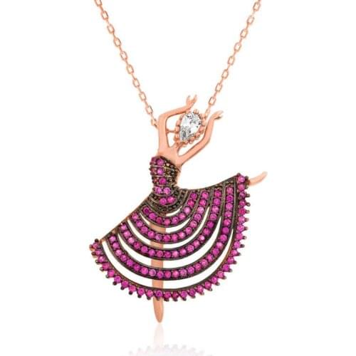 Real Silver 925 Jewelry Silver Pink Ballerina Lady Necklace