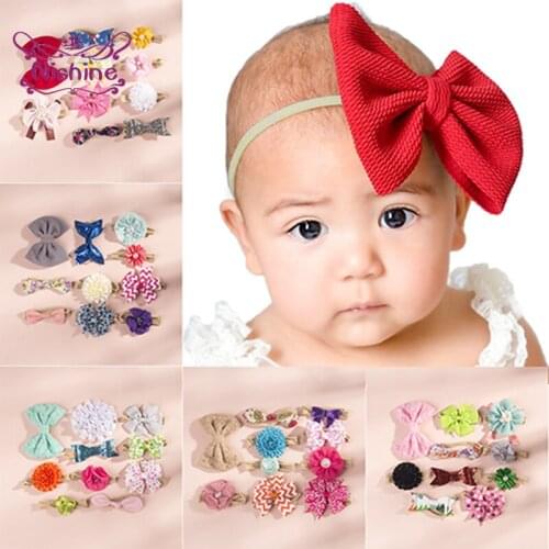 Nishine 10pcs/lot Glitter Sequin Bow Infant Elastic Nylon Headband Cute Handmade Flowers Baby Hairband Print Bunny Ears Headwear