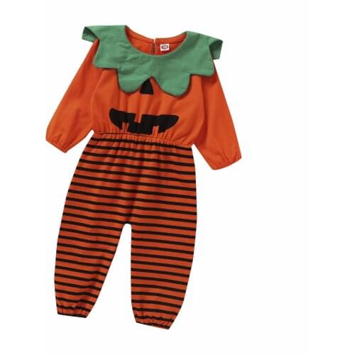 2021 New Baby Boys Girls Halloween Costume Jumpsuit Pumpkin Striped Rompers Long Sleeve Soft Cotton Autumn Spring Clothes 0-24M