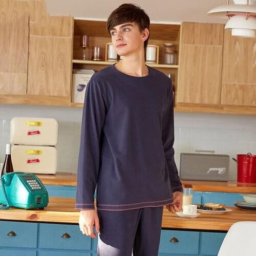 Autumn Men Pajamas Sets O-Neck Solid Color Double-Sided Sanding Sleepwear Man Long Sleeve Leisure Male Plus velvet Nightie