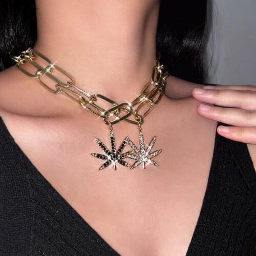 Punk HipHop Crystal Maple Leaf Big Pendant Necklace For Women Gold Silver Color Chunky Thick Metal Chain Choker Necklace Jewelry