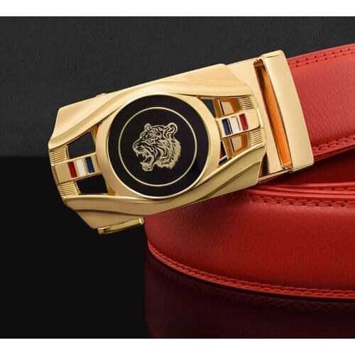 Tiger Latest Men Belt red High Quality Cow Genuine Leather Luxury Strap Male Belts For Man Diamond bule Buckle animal