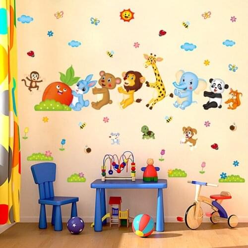 Cartoon boy girl kids room self adhesive wall stickers happy animals pull radish baby bedroom nursery vinyl removable stickers