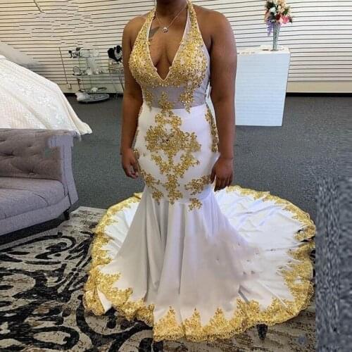 Sexy Gold Lace Appliques Mermaid Prom Dresses 2020 Halter Sequined Beaded Plus African Arabic Girls Formal Evening Party Gown