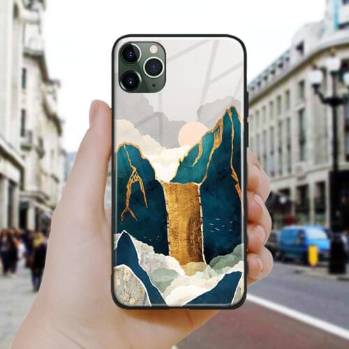 Nordic Abstract Golden Waterfall Silicone Glass Phone Case Cover Shell For iPhone SE 6 6s 7 8 Plus X XR XS 11 12 Mini Pro Max