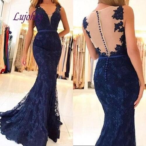 Navy Blue Long Lace Mermaid Evening Dresses Party Plus Size Women Ladies Elegant Prom Formal Evening Gowns Dresses 2019