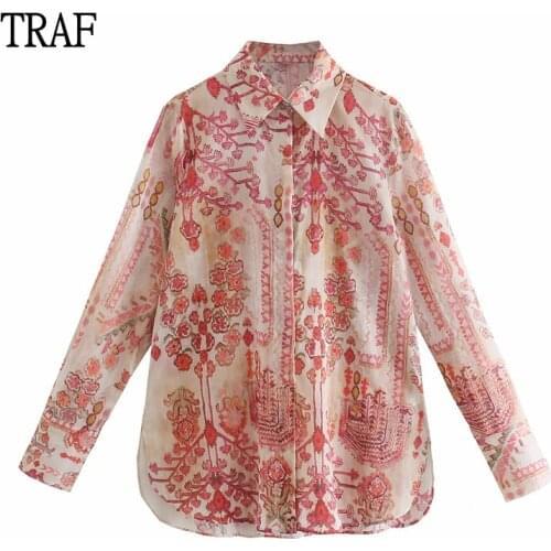 TRAF Za Women Shirt 2021 Summer Print Long Sleeve Women Clothing Button Shirt Fashion Woman Blouses Chic Tops Female Streetwear