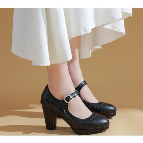 YMECHIC 2019 Cute Ruffles Black Pink Partymary Jane Dress Office Shoes Woman High Heel Womens Pumps Block Heels Blue Shoes 43 44