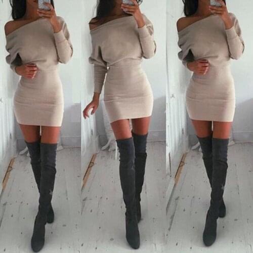 Woman Sexy Off-shoulder One-word Neck Elastic Slim Long-sleeved High Waist Tight-fitting Solid Dress Party Dress Mini Skirt