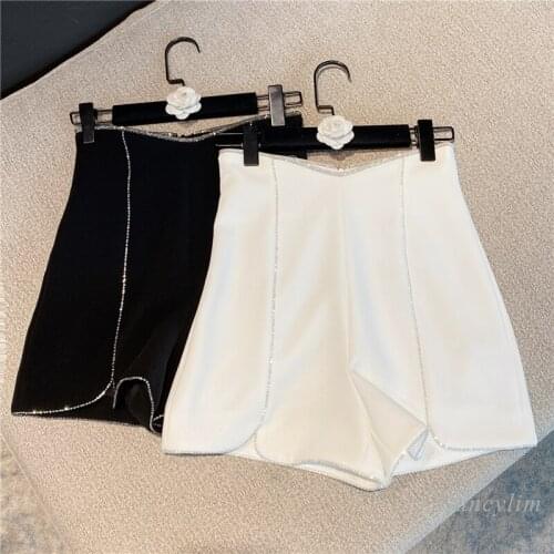2021 Spring Summer New Rhinestone Strip Edge All-Matching Shorts Womens Slit High Waist Pure Color Hot Trousers White Black