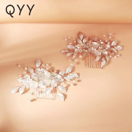 QYY Fashion Crystal Leaf Flower Hair Comb Clips for Women Accessories Wedding Silver Color Hair Jewelry Prom Bride Headpiece
