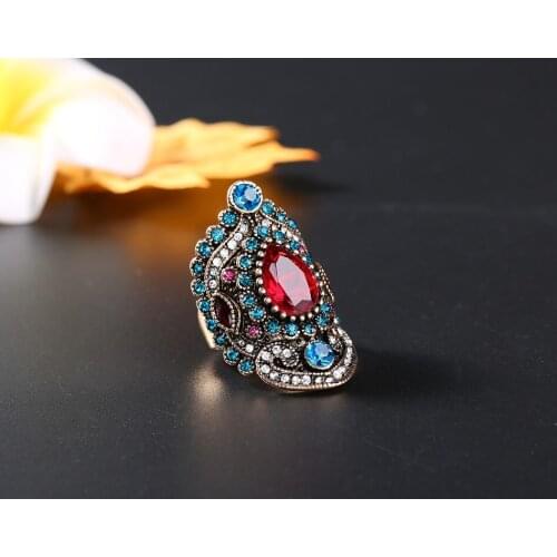 WYJZY New inlaid variety of blue red crystal retro ring ladies classic ethnic style jewelry to attend the party unique jewelry