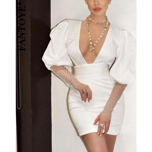 Fantoye Deep V-neck Bandage Mini Dress Women Black Elegant Mesh Sleeve Backless Women Dress Spring Slim Sexy Partywear Vestidos