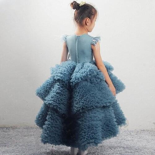 Puffy Ruffles Skirt Princess Flower Girl Dress Pearls Beaded Children Kids Party Gown Birthday Dress