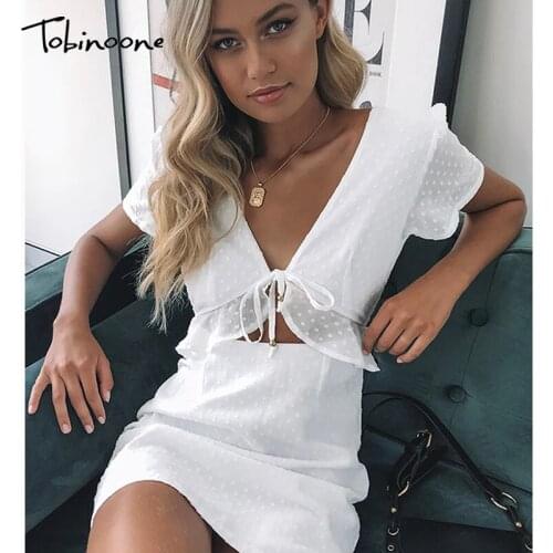 Tobinoone White Ruffles Summer Sexy Dress Women Backless V Neck Hollow Out Bandage Dresses Mini Club Party Female Vestidos 2020