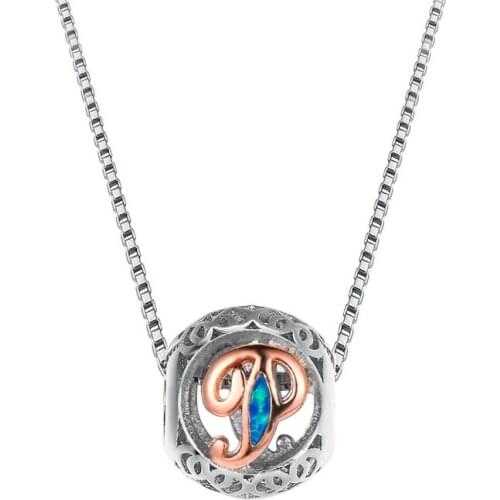 White Blue Fire Opal Pendant Letter P Necklaces For Women Vintage Fashion 925 Silver Rose Gold Two Tone Necklace Wedding Jewelry