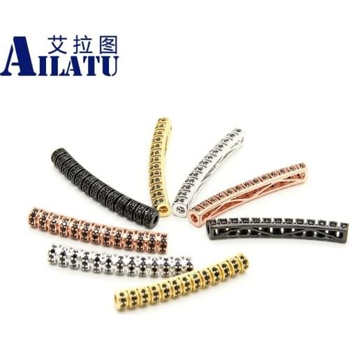 Ailatu 10pcs Micro Pave Black CZ Cubic Zircon Long Tube Shape Brass Metal Charm For Jewelry Bracelet DIY Making Spacer Beads