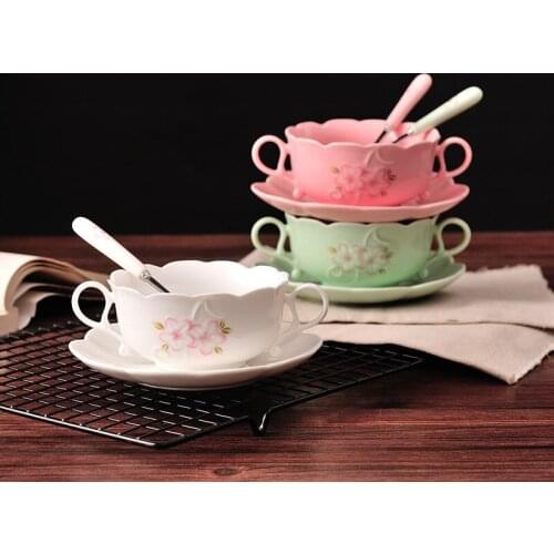 Basso-Relievo Sakura Bowl Double-handle Ceramic Elegant Tableware Dessert Dish Salad Bowl Food Container Rice Soup Bowl 1 set