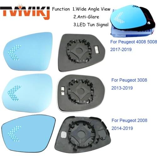 TVYVIKJ Side Rearview Mirror Blue Glass Lens with LED Indicate light For Peugeot 2008 3008 4008 5008 2013-2019 Wide Angle View