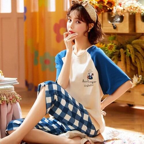 INS Students Home Clothes New Cartoon Cute Girls Sleepwear Set Short Sleeve Summer Pajamas Women Large Size Cropped Pant Suit