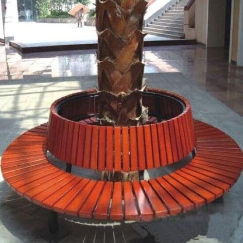 Customized Outdoor park anticorrosive wood chair playground park recreational solid wood around tree long cast iron round chair