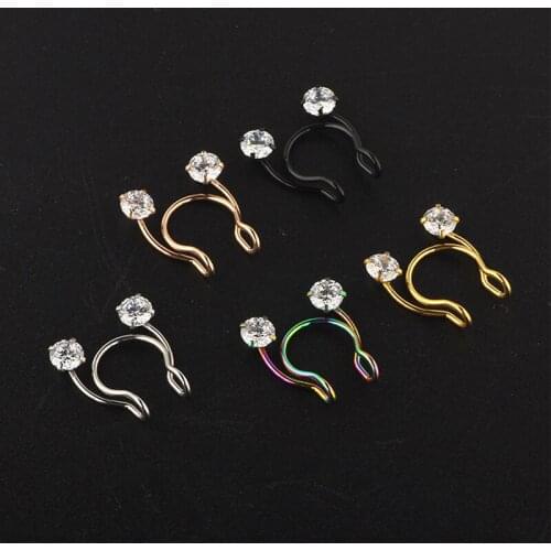 Fake Piercing Nose Septum Ring Stainless Steel Horseshoe CZ Zircon Nose Stud Hoop Clip Non Piercing Fake Nose Ring Body Jewelry