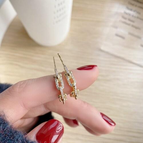 Korea New Fashion Jewelry 14K Real Gold AAA Zircon hoop Earrings Generous C-shaped Chain Hollow Womens Daily All-match Earrings