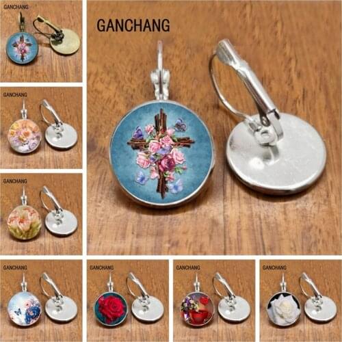 Rose landscape round glass cabochon pattern handmade earrings, ladies jewelry gifts