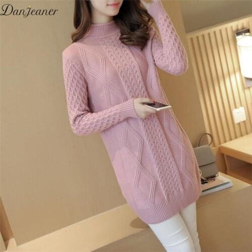 Danjeaner New Long Women Sweaters and Pullovers Korean Style Twist Pattern Turtleneck Slim Knitting Coat Casual Ladies Jumper